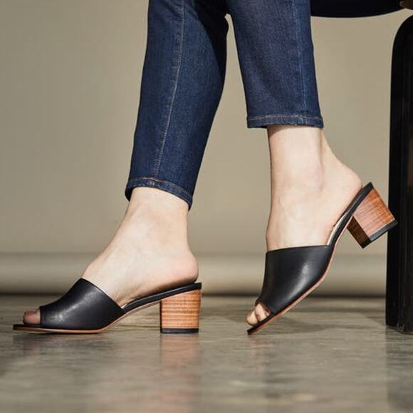 Nisolo Elizabeth Black Leather Slides Block Heel Sandals Open Toe 9.5 Preowned - Picture 1 of 13
